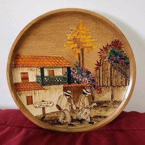 Vintage Colombia Tamo Art Wooden Plate 8” Hand Painted Signed C Sanchez Pasto